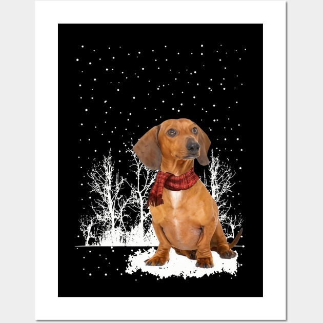 Christmas Red Dachshund With Scarf In Winter Forest Wall Art by SuperMama1650